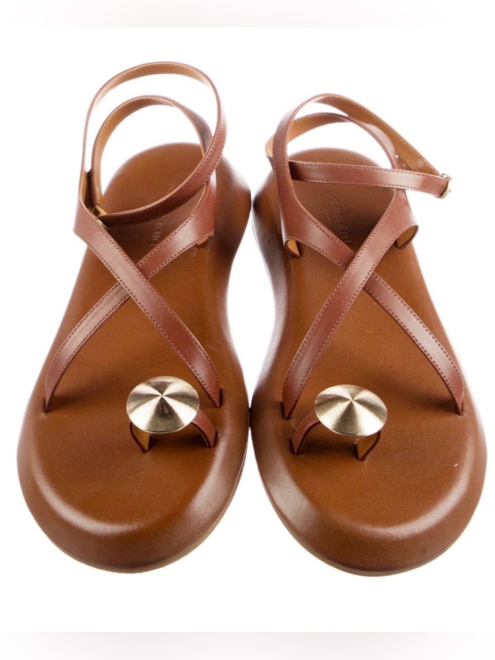 {Robert Clergerie}Leather Gold Toe-Post Ankle-Strap Sandals